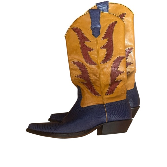 Rare 90s Hunt Club "Trisha" Leather Flame Cowboy Boots Blue Yellow Size 7M VTG - Picture 11 of 13